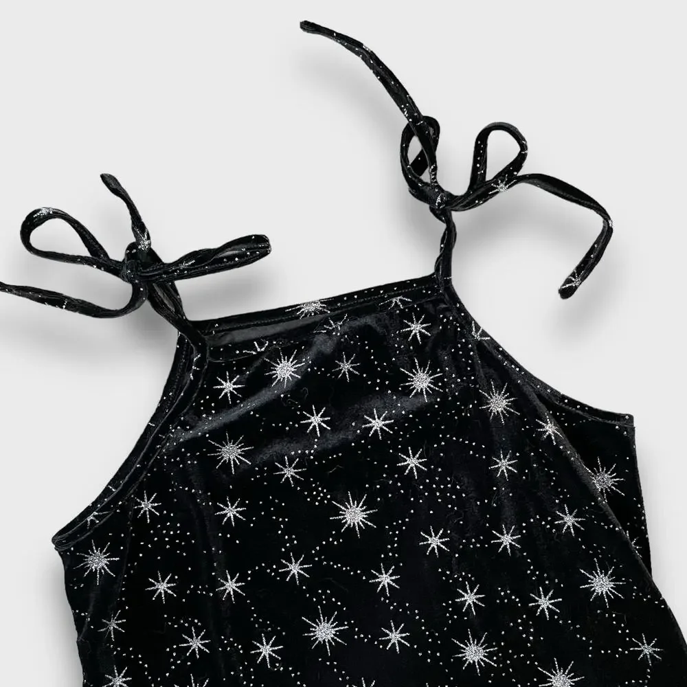 BOUTIQUE Y2K VELOUR CELESTIAL STARS MINI PARTY DRESS BLACK SILVER SMALL